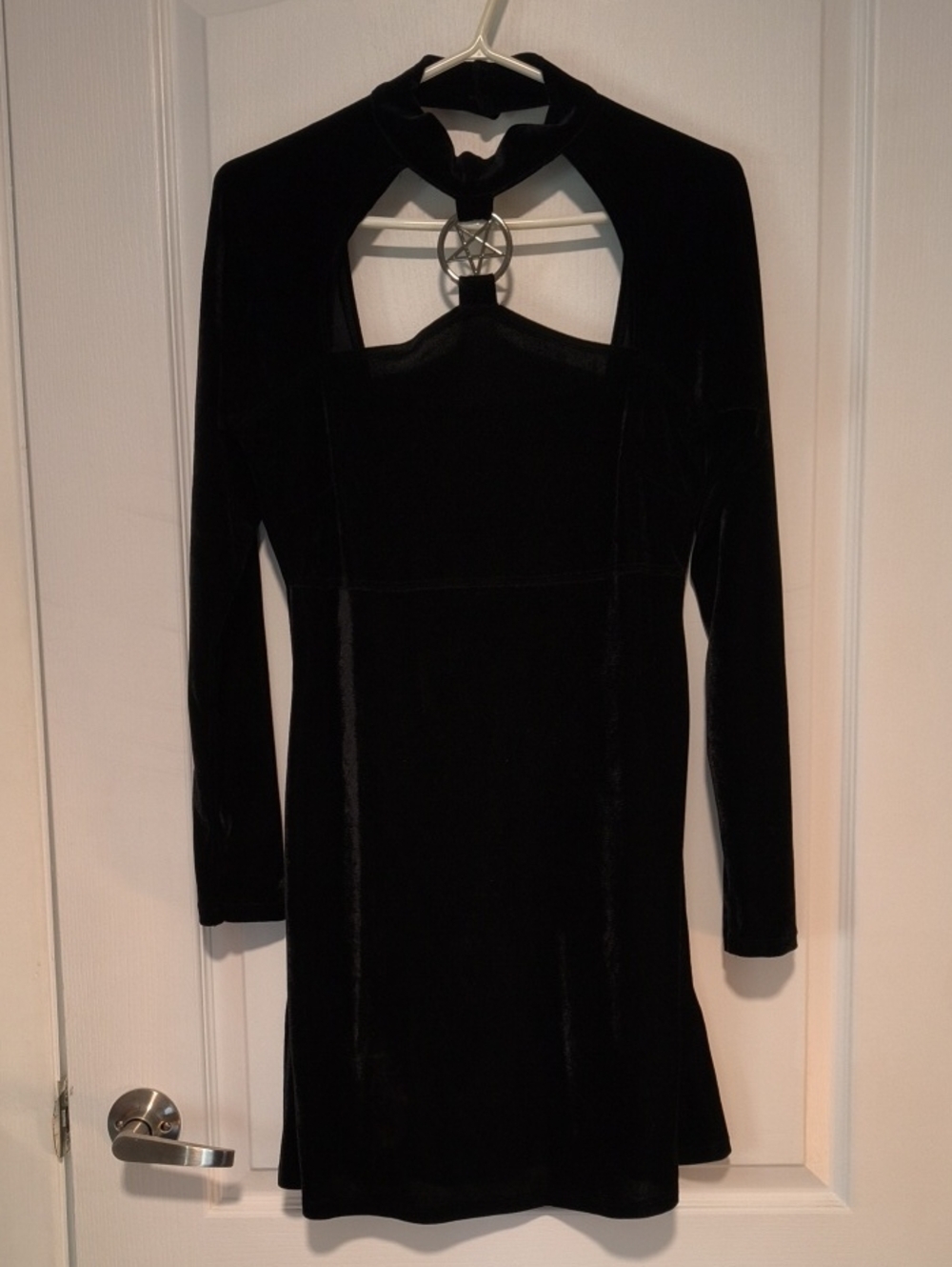 Killstar Black Velvet Long Sleeve Mini Dress with Pentagram Hardware